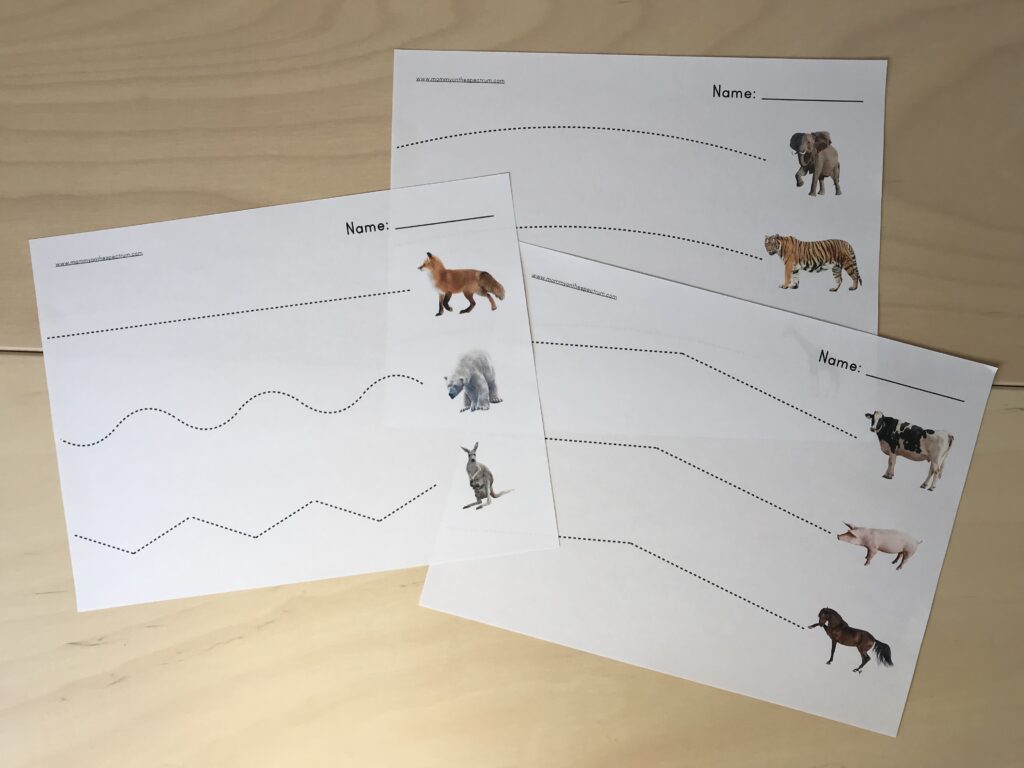 Three pieces of paper with curved lines to practice cutting